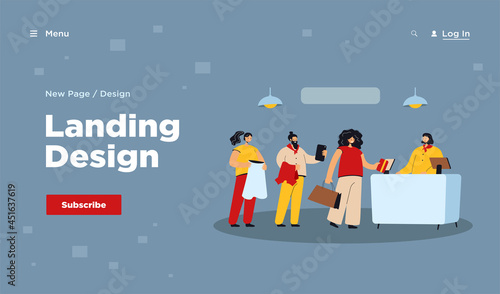 Cartoon people standing in queue flat vector illustration. Men and women waiting in clothes shop in front of cashdesk and store assistant. Shopping, service, business concept for banner design