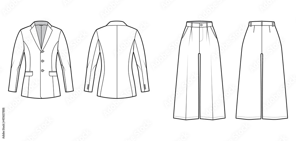 Set of culotte Suit - classic jacket technical fashion illustration with two - pieces, single breasted, fitted body. Flat apparel template front, back, white color style. Women, men, unisex CAD mockup