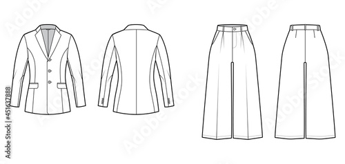 Set of culotte Suit - classic jacket technical fashion illustration with two - pieces, single breasted, fitted body. Flat apparel template front, back, white color style. Women, men, unisex CAD mockup photo