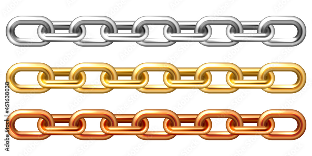 Realistic golden, silver and bronze chains isolated on white background. Metal chain with shiny gold plated links. Vector illustration. Realistic golden, silver and bronze chains isolated on white background. Metal chain with shiny gold plated links. Vector illustration.