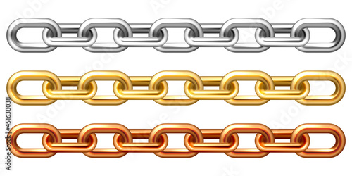 Realistic golden, silver and bronze chains isolated on white background. Metal chain with shiny gold plated links. Vector illustration.