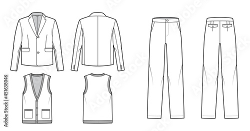 Set of cardigan Suit - classic Pant, jackets, knit vest technical fashion illustration with three - pieces, single breasted. Flat apparel template front, back, white color style. Women, men unisex CAD