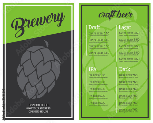 Brewery craft beer menu flyer grey and green hop modern design