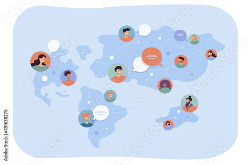 Global communication of people from different countries. Flat vector illustration. World map with men and women talking online by social media around globe. Network, worldwide, Earth, culture concept