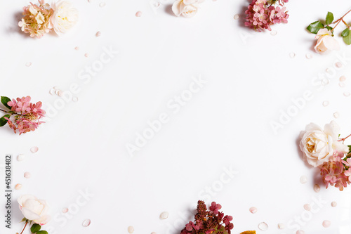 Roses, hydrangea. Flower composition on white background.
