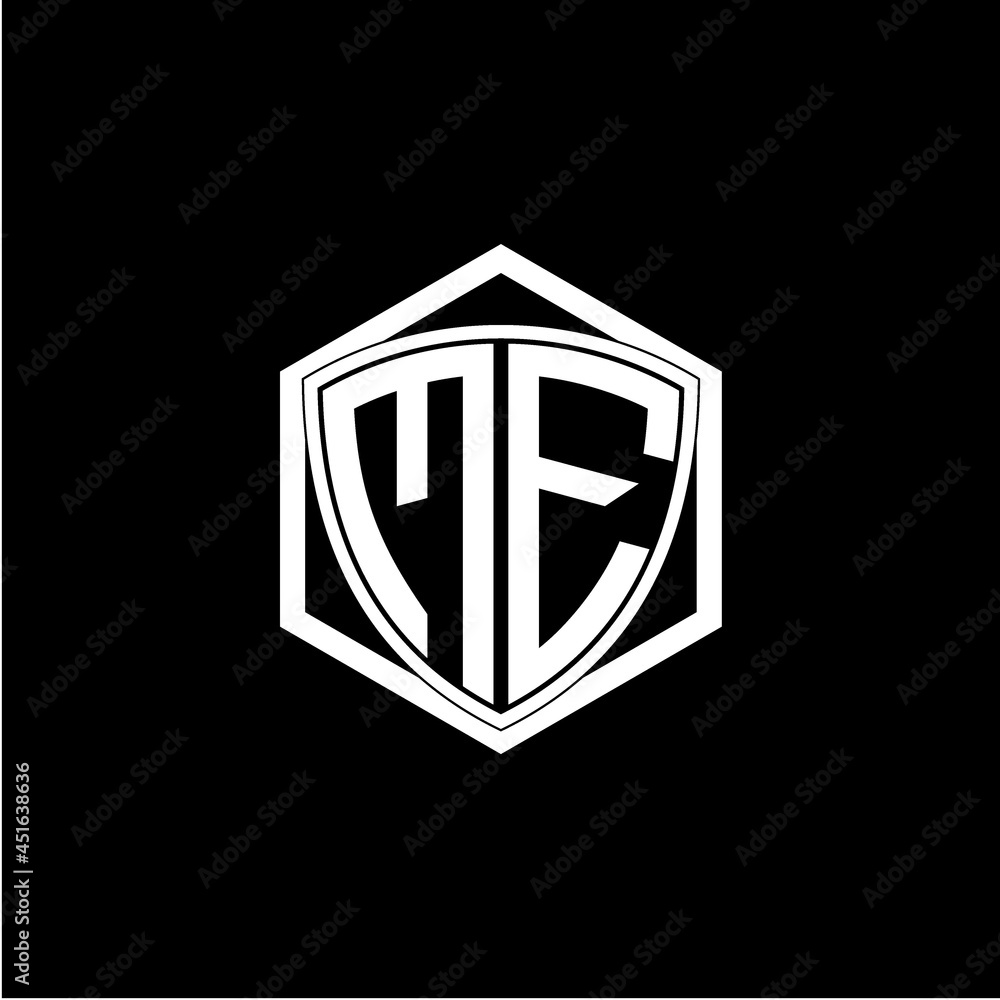 initial letter M E shield with hexagon frame initial letter M E shield with hexagon frame