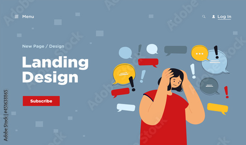 Too much information or spam concept. Sad social media internet user holding head, trying to stop hoax fake news, disinformation noise. Flat vector illustration