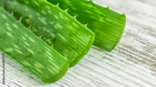 Pieces of aloe vera with pulp on a wooden background.Aloe vera essential oil or serum with sliced Aloe vera.skin care and hair care concept.Aloe leaf slices with drops