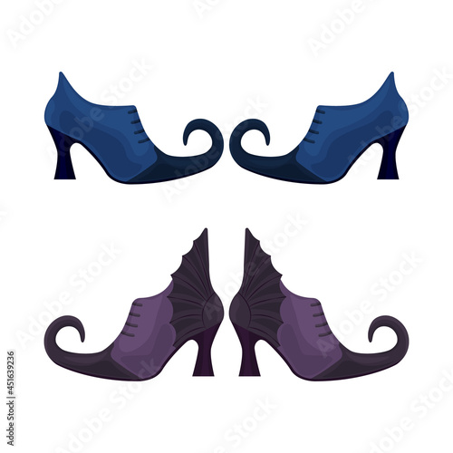 The witch s shoes are blue-black and purple with pointed toes. The witch s shoes, a symbol of Halloween. Vector illustration isolated on a white background
