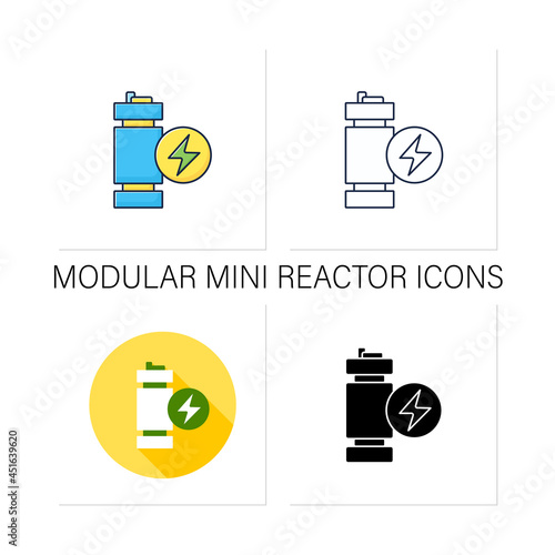 Modular mini reactor icons set. Nuclear fission reactor. Flexible power generation. Electricity concept. Collection of icons in linear, filled, color styles.Isolated vector illustrations