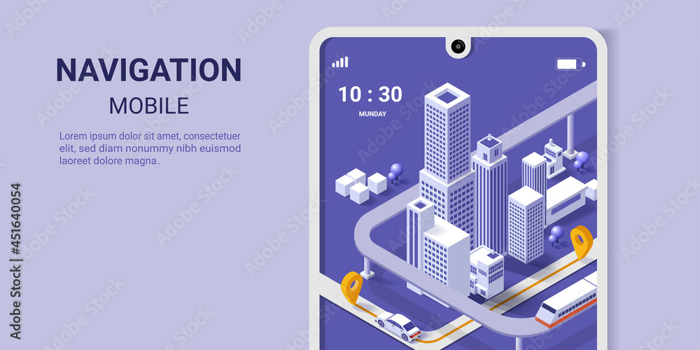 City map route navigation online on smartphone with point locator, City isometric plan with road and buildings, gps navigation on screen, World Map. Isometric smart city concept. 3d vector