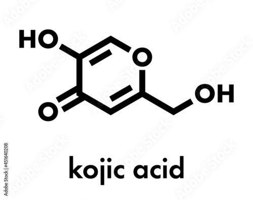 Kojic acid molecule. Used as food additive and for skin depigmentation in cosmetics. Skeletal formula.