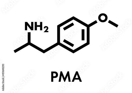 p-methoxyamphetamine (PMA) hallucinogenic drug molecule. Frequently leads to lethal poisoning when mistaken for MDMA (XTC, ecstasy). Skeletal formula.