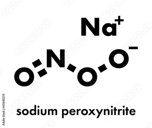 Peroxynitrite (sodium) reactive nitrogen species molecule. Formed by the reaction of the free radicals nitric oxide and superoxide in the human body. Skeletal formula. photo