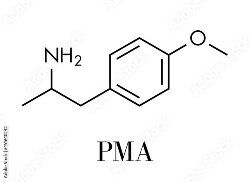 p-methoxyamphetamine (PMA) hallucinogenic drug molecule. Frequently leads to lethal poisoning when mistaken for MDMA (XTC, ecstasy). Skeletal formula.