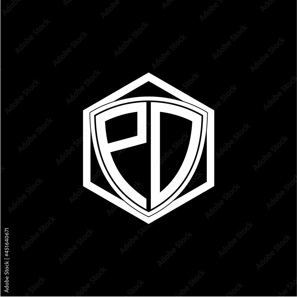 initial letter P D shield with hexagon frame initial letter P D shield with hexagon frame