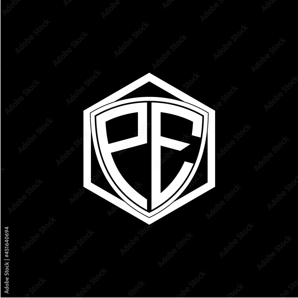 initial letter P E shield with hexagon frame initial letter P E shield with hexagon frame