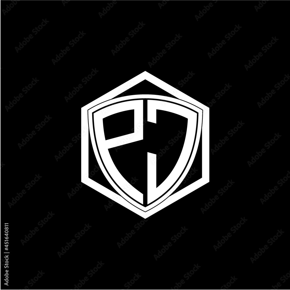initial letter P J shield with hexagon frame initial letter P J shield with hexagon frame