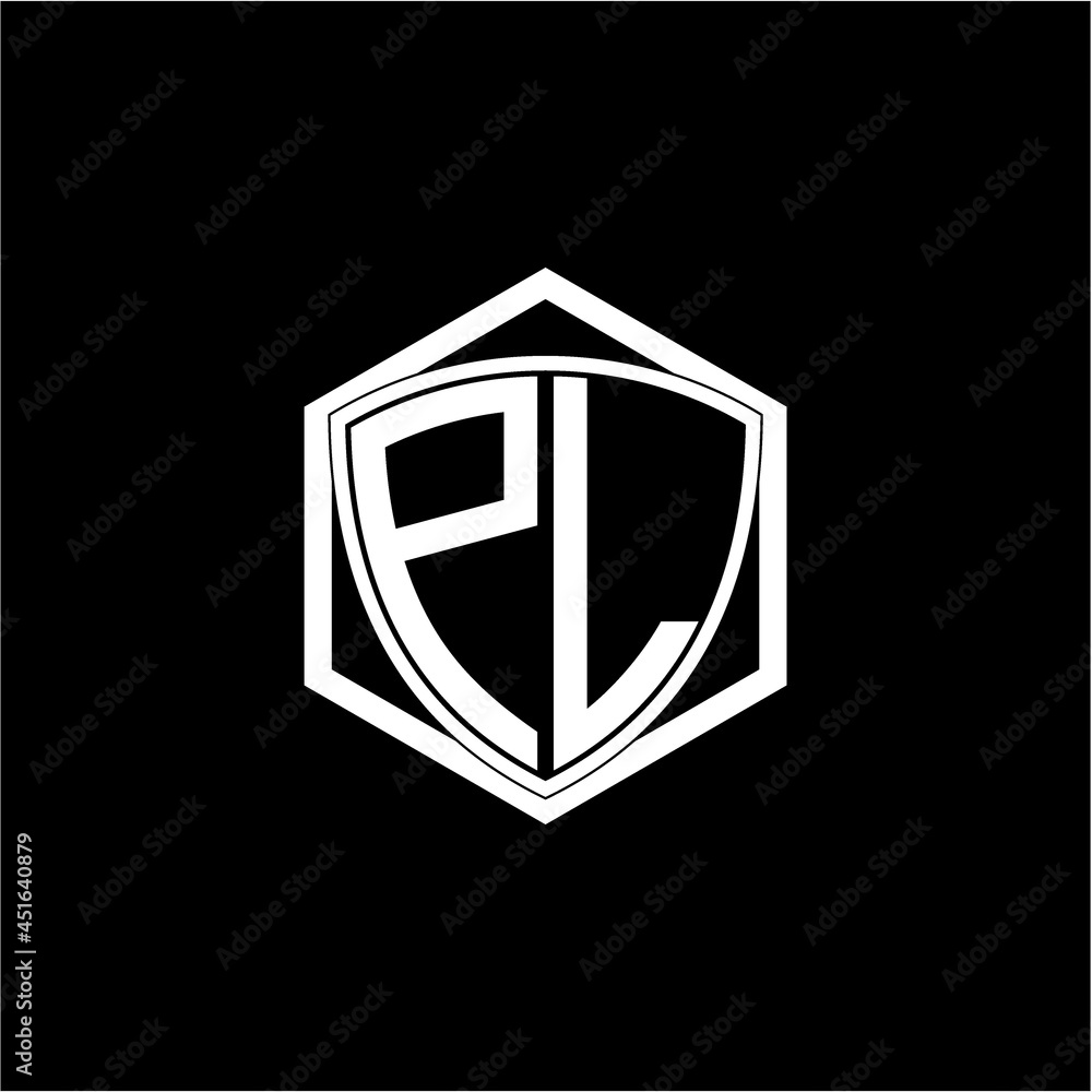 initial letter P L shield with hexagon frame initial letter P L shield with hexagon frame
