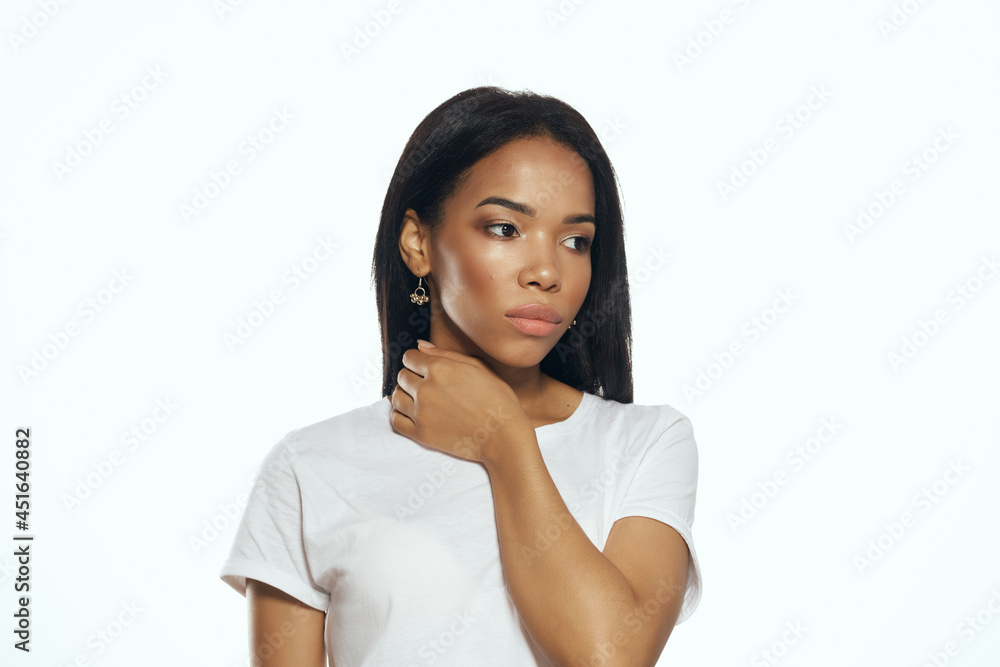 woman with black long hair earrings cosmetics posing woman with black long hair earrings cosmetics posing
