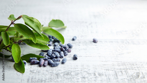 Honeyberry or haskap berries with fresh green leaves on grey wooden background