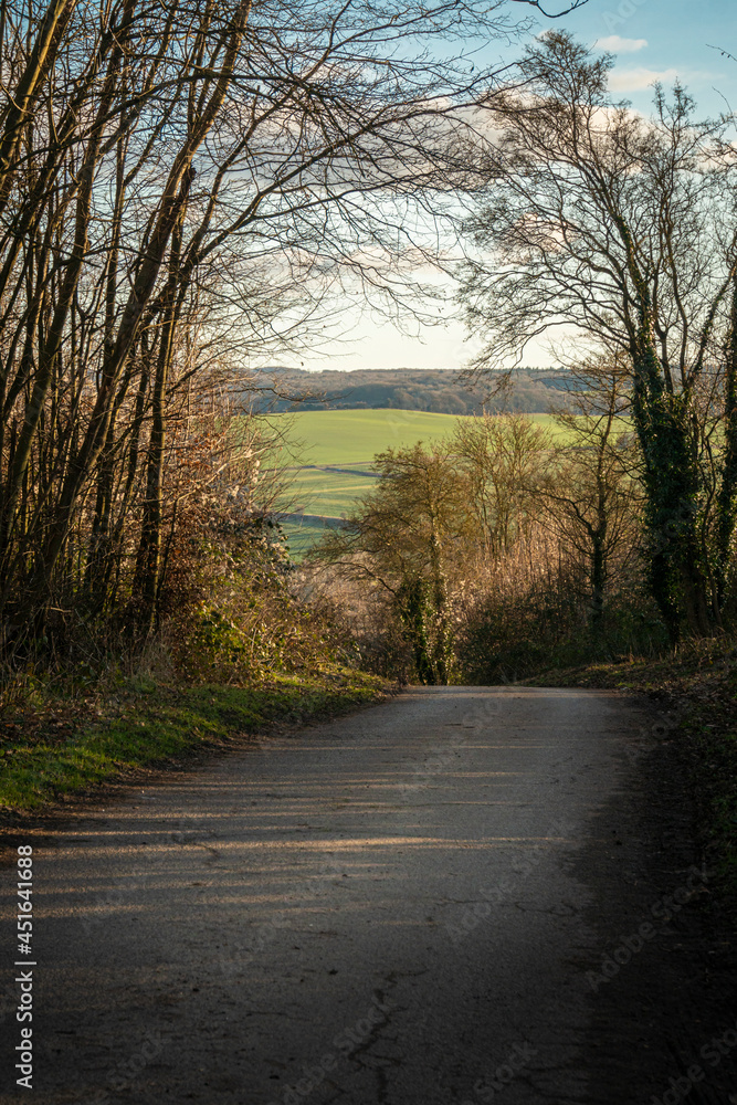 A track through fields in the countryside in the winter, Kent, UK