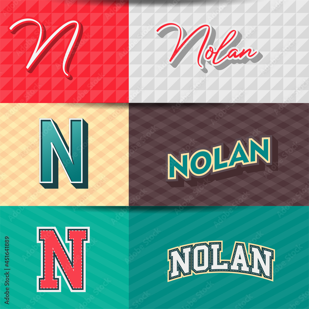 ,Male name,NOLAN in various Retro graphic design elements, set of vector Retro Typography graphic design illustration