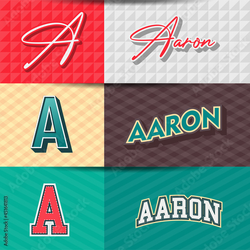 ,Male name,AARON in various Retro graphic design elements, set of vector Retro Typography graphic design illustration