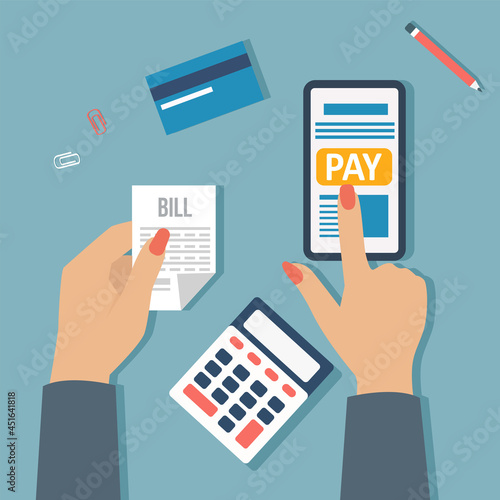 Vector of a businesswoman paying bills online using internet banking app