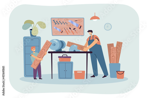 Dad teaching his son carpentry. Flat vector illustration. Cartoon man and boy sawing wooden planks in garage interior full of tools. DIY, workshop, family, carpentry, repair concept for banner design