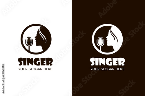 icons with singing woman and microphone isolated on white and black background