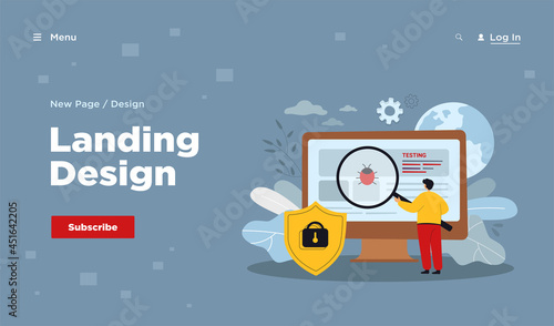 Cartoon metaphor of software assurance application or service. Flat vector illustration. Tiny man with giant loupe testing quality, fixing bugs in computer hardware. Web protecting, antivirus concept