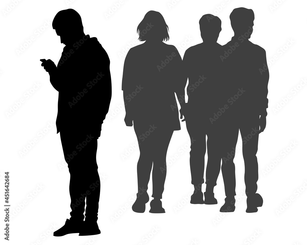 Man with a backpack and a smartphone. Isolated silhouette on a white background
