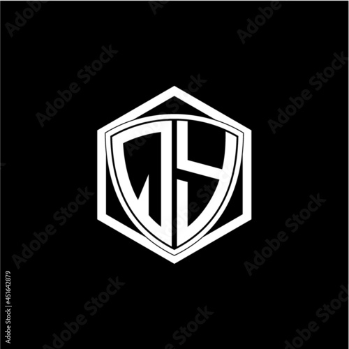 initial letter Q Y shield with hexagon frame