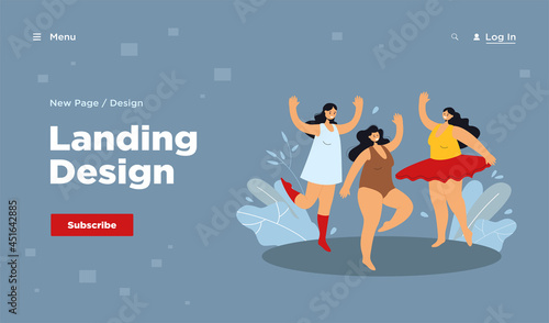Positive plus size women in bikini and swimsuit dancing. Flat vector illustration. Happy fat girls representing active lifestyle and beauty diversity. Body positive, healthy, fashion concept