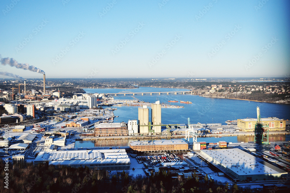 STOCKHOLM, SWEDEN: Winter aerial scenic view of the city center, modern district cityscape 