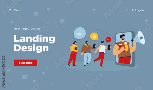 Blogger with loudspeaker influencing on audience in social media. Flat vector illustration. Potential consumers being informed online by blogger announcements. Digital marketing, promotion concept