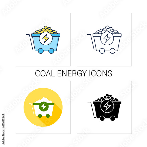 Coal energy icons set. Nonrenewable energy source. Fuel to generate electric power. Electricity concept. Collection of icons in linear, filled, color styles.Isolated vector illustrations