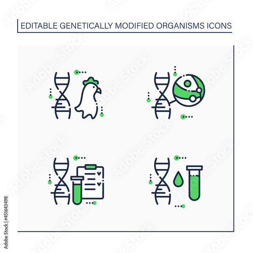 Genetically modified organism line icons set. Genetic engineering.Chicken meat. Altered dna, test tube. Isolated vector illustrations.Editable stroke