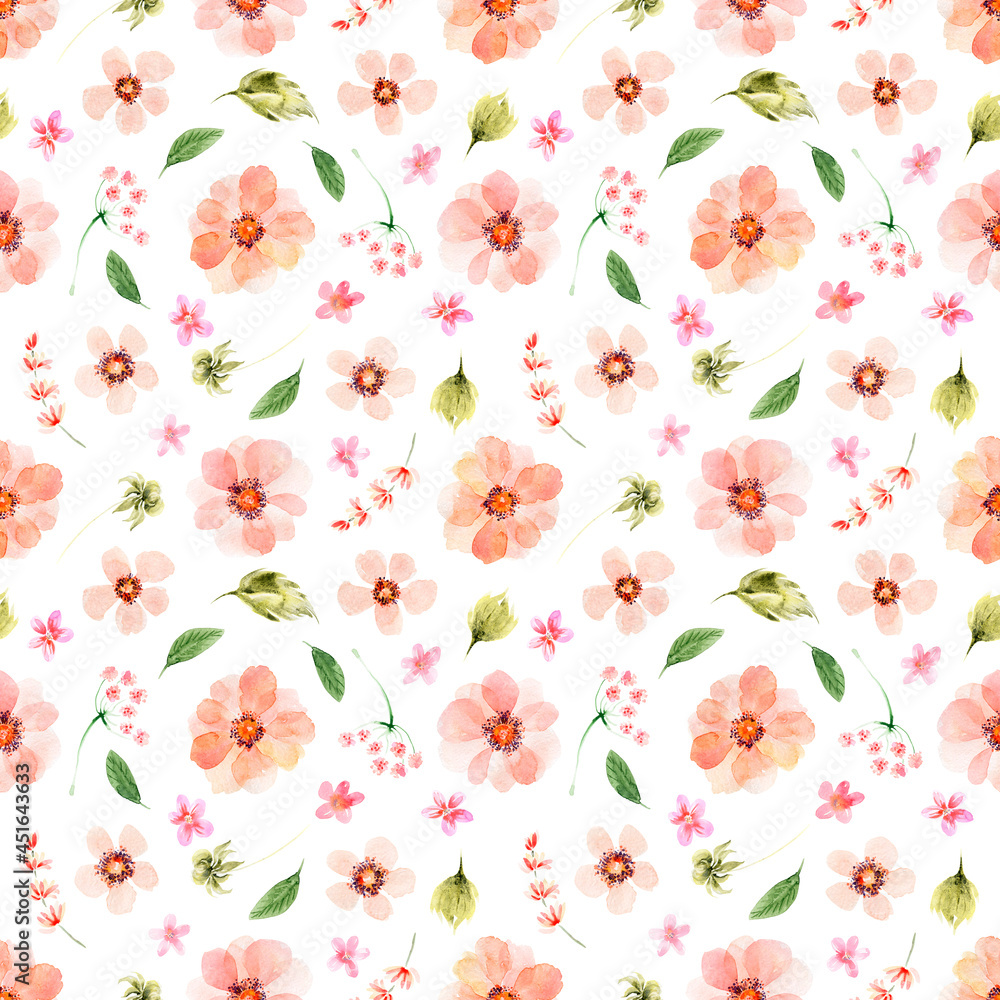 Fototapeta premium Watercolor seamless patterns with flowers, festive bouquets and individual elements of bouquets