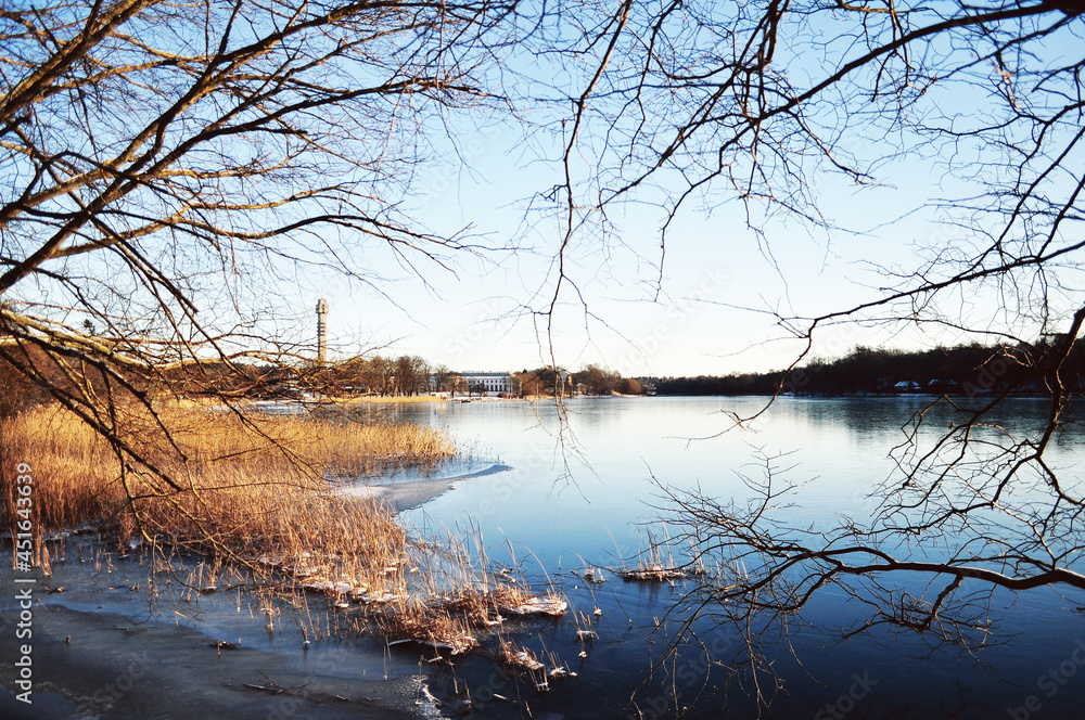 STOCKHOLM, SWEDEN: Winter aerial scenic view of the city center, modern district cityscape 