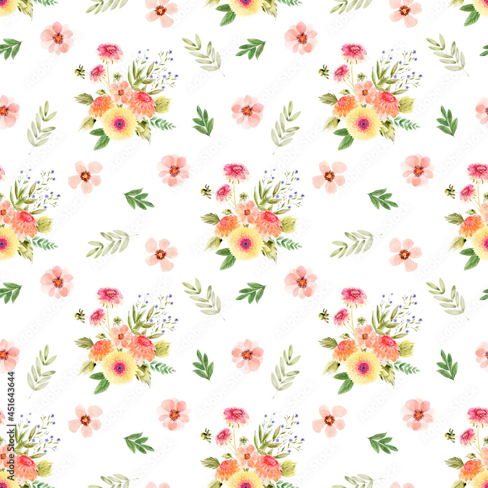 Watercolor seamless patterns with flowers, festive bouquets and individual elements of bouquets Watercolor seamless patterns with flowers, festive bouquets and individual elements of bouquets