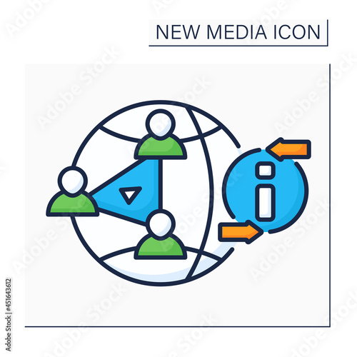 P2P file sharing color icon. Peer to peer sharing. Access media files books, music, movies, and games. Global network. New media concept. Isolated vector illustration