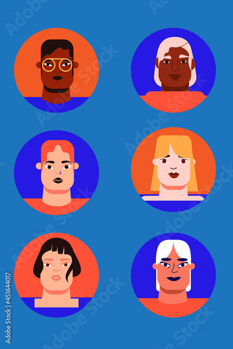Set of diverse female faces. Different ages and race. Cartoonish character design. Six personas. Equality, unity. Colorful flat illustration