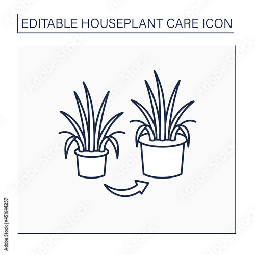 Repot line icon. Transplant overgrown plant to big pot. Home gardening. Houseplant care concept.Isolated vector illustration.Editable stroke