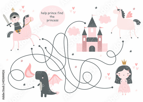 Vector hand drawn cute funny kids maze. Help the prince find the princess. Educational mini-game for children. Help find right path. Labyrinth. Great for a children's book, magazine, board game.