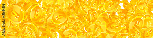 Bitcoin, internet currency coins falling. Awesome scattered BTC coins. Cryptocurrency, digital money. Exquisite jackpot, wealth or success concept. Vector illustration.