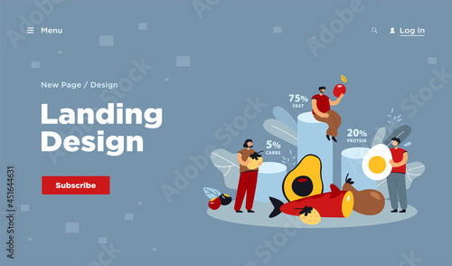 Tiny people eating ketogenic food flat vector illustration. Cartoon characters fasting with keto diet. Balanced nutrition and healthy dietology concept