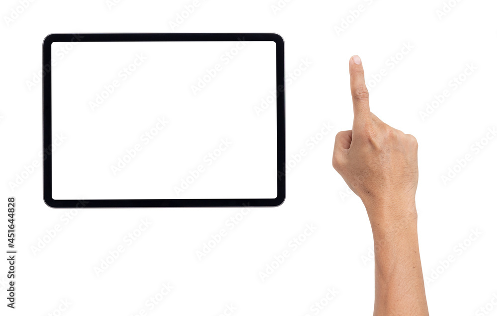 hand with mockup computer tablet empty screen isolated on white background hand with mockup computer tablet empty screen isolated on white background