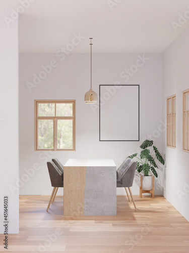 3D mockup photo frame on wall workplace at home